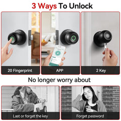 Transmart Smart Door Lock, Fingerprint Lock Knob with App Control, IP65 Weatherproof, 3 in 1 Smart Lock with Fingerprint&key&WiFi for Home, Office, Hotels(Black)