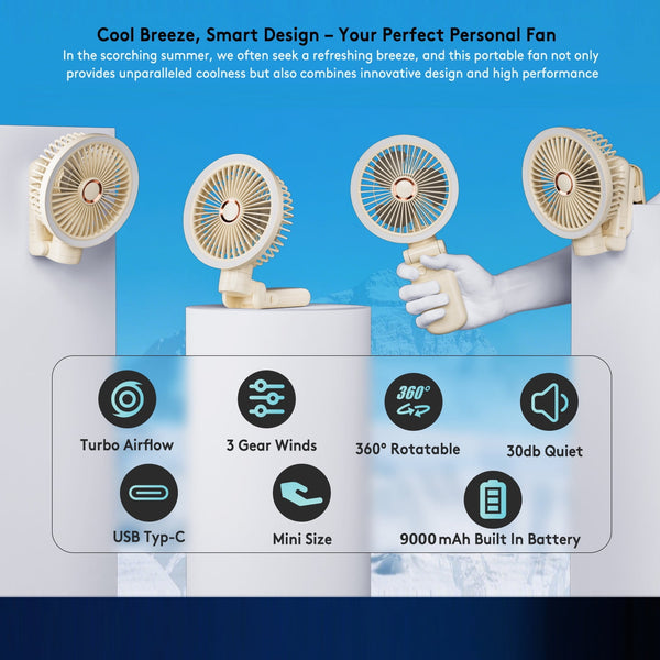 New 9000mAh 4-Speed Oscillating LED Desk Fan,Portable Stroller Fan/Foldable Hanging Clip Fans,Handheld Fans,Personal Rechargeable Small Fan for Home Travel Camping,11inch,Blue