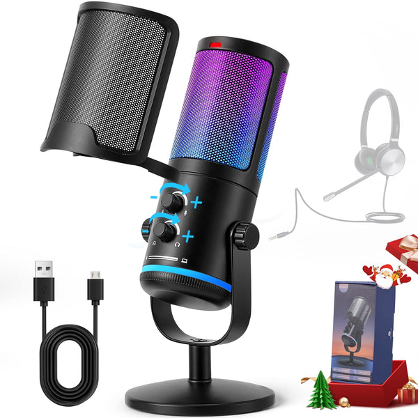 ALILYY Microphone for PC,Gaming USB Microphone for PC/Laptop/PS4/5 with Quick Mute & Pop Filter,RGB Microphone for Streaming, Podcast, Studio Recording,Black
