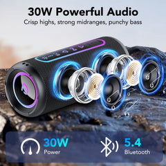 Portable Bluetooth Speaker, 30W Loud Sound, Deep Bass, Bluetooth 5.4, LED Lights, IPX7 Waterproof, Wireless Stereo Pairing, 30H Playtime, for Home/Outdoor/Party/Beach, Birthday Gift (Black)